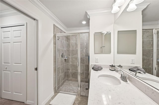 850 Tidewater Shores Loop Unit 102, Bradenton, FL 34208 - bathroom featuring a stall shower, vanity, and crown molding