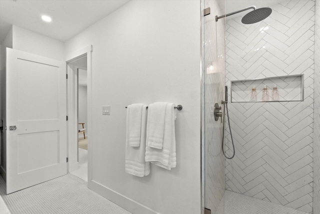 1051 Indian Beach Dr, Sarasota, FL 34234 - full bath featuring a shower stall, recessed lighting, and tile patterned floors