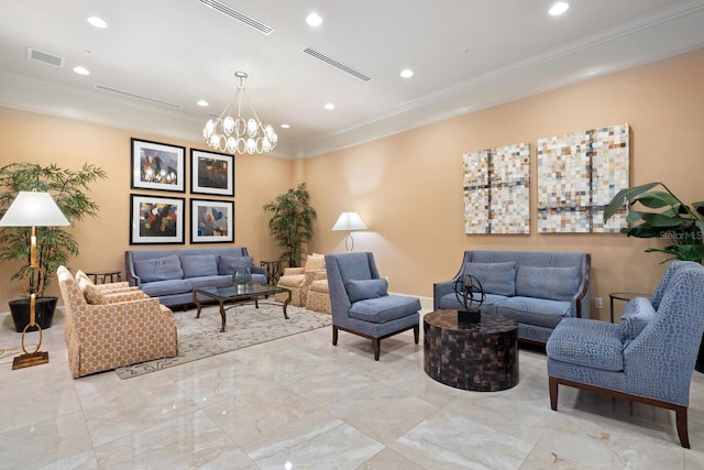 800 N Tamiami Trl Unit 405, Sarasota, FL 34236 - living area featuring ornamental molding, a chandelier, recessed lighting, and light marble finish floors