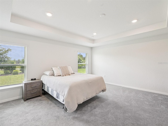 6528 166th Pl E, Parrish, FL 34219 - bedroom featuring light colored carpet, a tray ceiling, and recessed lighting