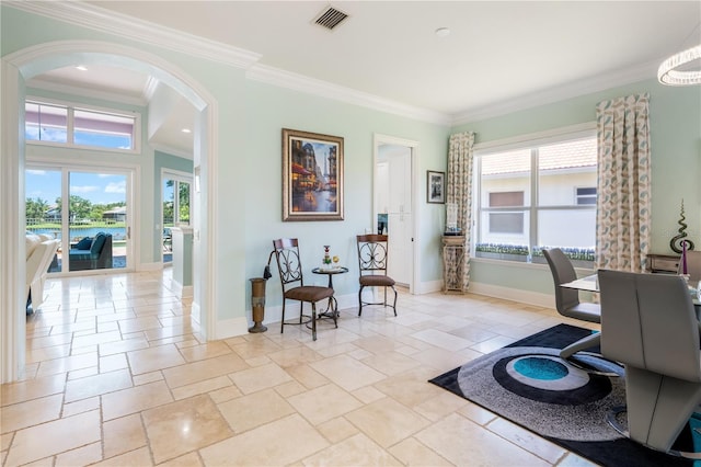 7521 Aralia Way, Seminole, FL 33777 - office area with arched walkways, ornamental molding, and stone tile flooring