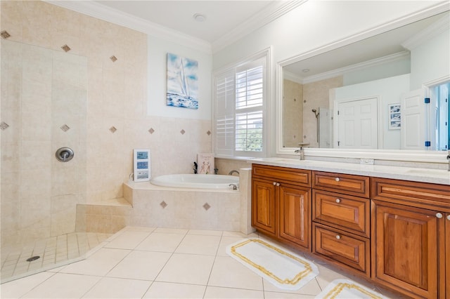 7521 Aralia Way, Seminole, FL 33777 - full bathroom featuring double vanity, a bath, a tile shower, crown molding, and tile patterned flooring