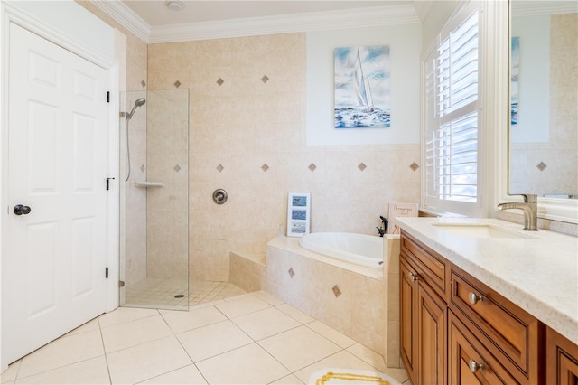 7521 Aralia Way, Seminole, FL 33777 - bathroom featuring a bath, vanity, tiled shower, tile patterned floors, and crown molding