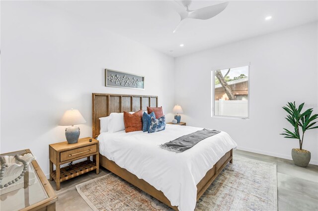 2065 Goldenrod St, Sarasota, FL 34239 - bedroom with recessed lighting, a ceiling fan, and concrete flooring