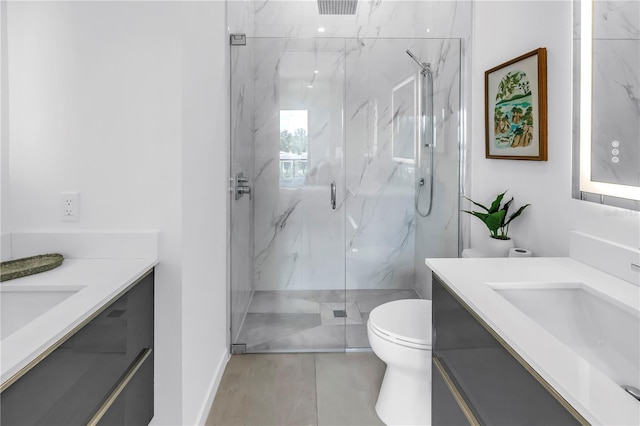 2065 Goldenrod St, Sarasota, FL 34239 - bathroom with vanity, a marble finish shower, and tile patterned flooring