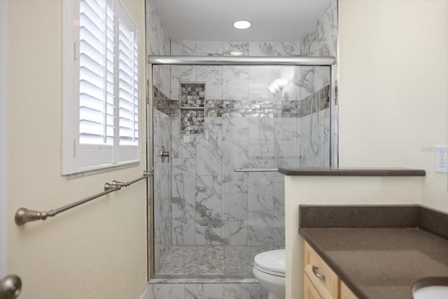 107 Clipper Way Unit 107, Nokomis, FL 34275 - full bathroom featuring marble finish floors, a marble finish shower, vanity, and recessed lighting
