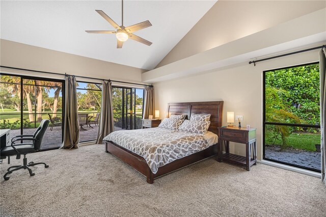 3658 Torrey Pines Way, Sarasota, FL 34238 - carpeted bedroom featuring access to outside, high vaulted ceiling, and a ceiling fan