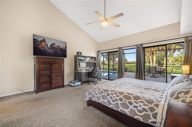 3658 Torrey Pines Way, Sarasota, FL 34238 - carpeted bedroom with high vaulted ceiling, access to exterior, an office area, and ceiling fan