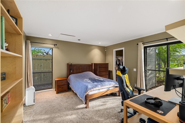 3658 Torrey Pines Way, Sarasota, FL 34238 - carpeted bedroom featuring a spacious closet, an office area, crown molding, and recessed lighting