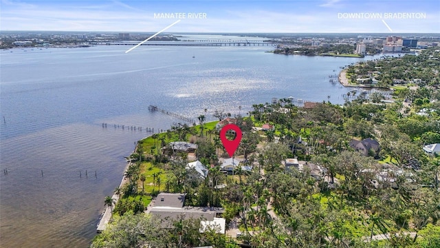 403 29th St NW, Bradenton, FL 34205 - aerial view of property and surrounding area featuring a notable bridge and a nearby body of water