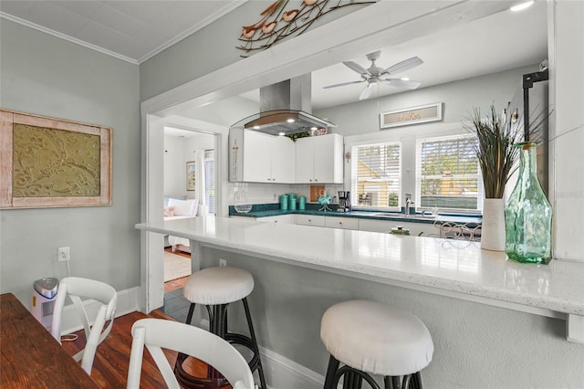 403 29th St NW, Bradenton, FL 34205 - kitchen with island range hood, a kitchen breakfast bar, white cabinetry, dark wood finished floors, and a peninsula