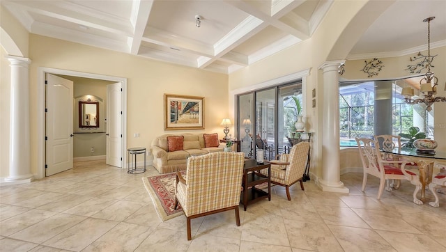 8832 Enclave Ct, Sarasota, FL 34238 - living area featuring decorative columns, beamed ceiling, coffered ceiling, arched walkways, and ornamental molding