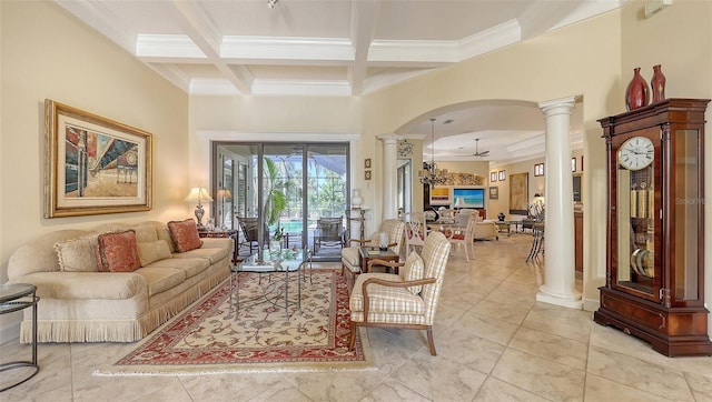 8832 Enclave Ct, Sarasota, FL 34238 - living room featuring decorative columns, ornamental molding, coffered ceiling, beamed ceiling, and arched walkways