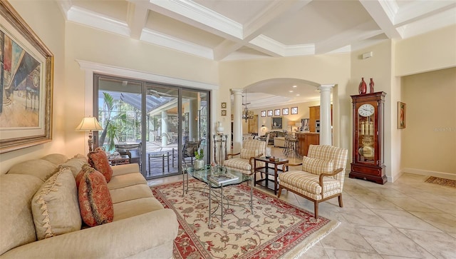 8832 Enclave Ct, Sarasota, FL 34238 - living room with ornate columns, arched walkways, coffered ceiling, crown molding, and a high ceiling