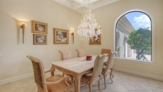 8832 Enclave Ct, Sarasota, FL 34238 - dining space featuring coffered ceiling, beam ceiling, and a chandelier