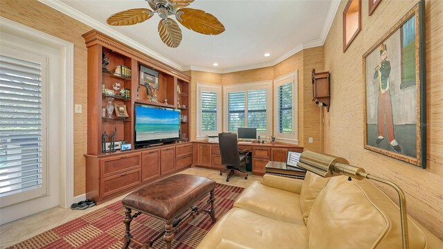 8832 Enclave Ct, Sarasota, FL 34238 - office space with ornamental molding, a ceiling fan, light tile patterned flooring, built in desk, and recessed lighting