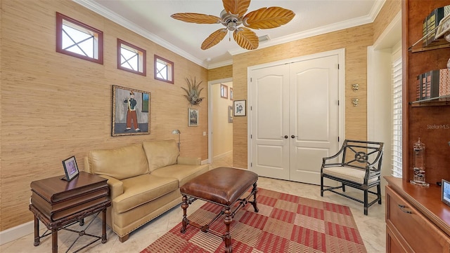 8832 Enclave Ct, Sarasota, FL 34238 - living area featuring ceiling fan and crown molding