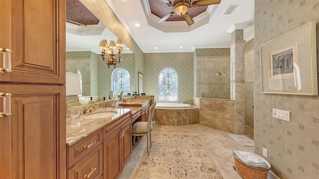 8832 Enclave Ct, Sarasota, FL 34238 - full bathroom featuring ornamental molding, vanity, a bath, a ceiling fan, and wallpapered walls