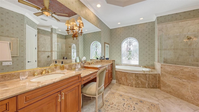 8832 Enclave Ct, Sarasota, FL 34238 - bathroom featuring crown molding, vanity, a garden tub, a tile shower, and wallpapered walls