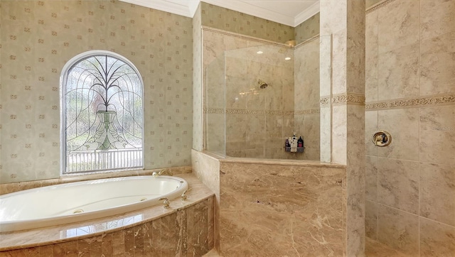 8832 Enclave Ct, Sarasota, FL 34238 - bathroom featuring a bath, walk in shower, ornamental molding, and wallpapered walls