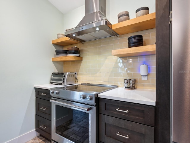 1732 6th St, Sarasota, FL 34236 - kitchen featuring open shelves, stainless steel electric range, wall chimney exhaust hood, decorative backsplash, and light countertops
