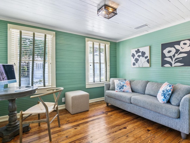 1732 6th St, Sarasota, FL 34236 - living area with plenty of natural light, wood-type flooring, crown molding, and wooden ceiling
