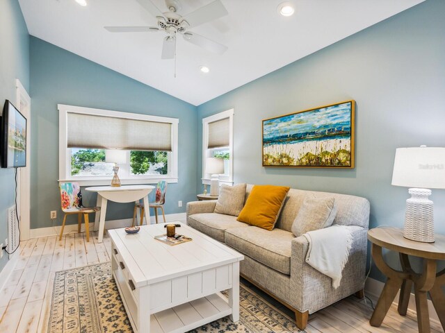 1732 6th St, Sarasota, FL 34236 - living room featuring light wood-style flooring, lofted ceiling, a ceiling fan, and recessed lighting