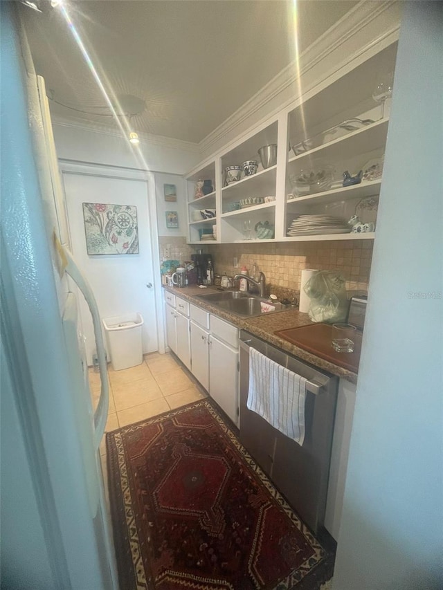 3806 Gulf Of Mexico Dr Unit C205, Longboat Key, FL 34228 - kitchen with backsplash, open shelves, white cabinetry, light tile patterned flooring, and dishwasher