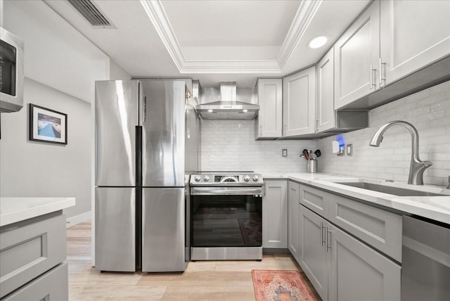 8750 Midnight Pass Rd Unit 501, Sarasota, FL 34242 - kitchen featuring stainless steel appliances, wall chimney range hood, a raised ceiling, and decorative backsplash