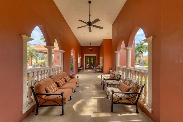 5179 Cantabria Crst, Sarasota, FL 34238 - view of patio / terrace featuring an outdoor hangout area, french doors, and a ceiling fan