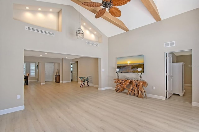 444 S Polk Dr, Sarasota, FL 34236 - living room with high vaulted ceiling, light wood-type flooring, a ceiling fan, beam ceiling, and recessed lighting