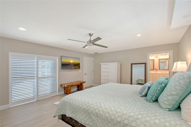 444 S Polk Dr, Sarasota, FL 34236 - bedroom with light wood finished floors, ceiling fan, recessed lighting, and ensuite bath