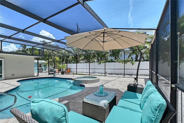444 S Polk Dr, Sarasota, FL 34236 - view of pool featuring a patio, a pool with connected hot tub, a lanai, and an outdoor living space