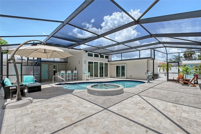 444 S Polk Dr, Sarasota, FL 34236 - view of pool featuring a patio area, a pool with connected hot tub, and glass enclosure