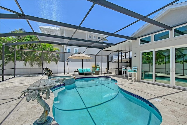 444 S Polk Dr, Sarasota, FL 34236 - view of pool with a patio area, a pool with connected hot tub, a lanai, and an outdoor hangout area