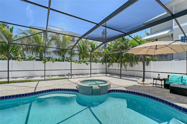 444 S Polk Dr, Sarasota, FL 34236 - view of pool with a patio area, glass enclosure, a fenced backyard, and a pool with connected hot tub