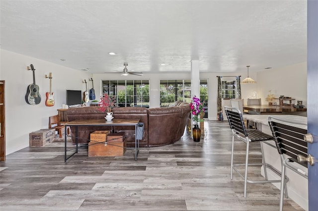 336 Highland Shores Dr, Ellenton, FL 34222 - living room featuring wood finished floors, ceiling fan, and recessed lighting