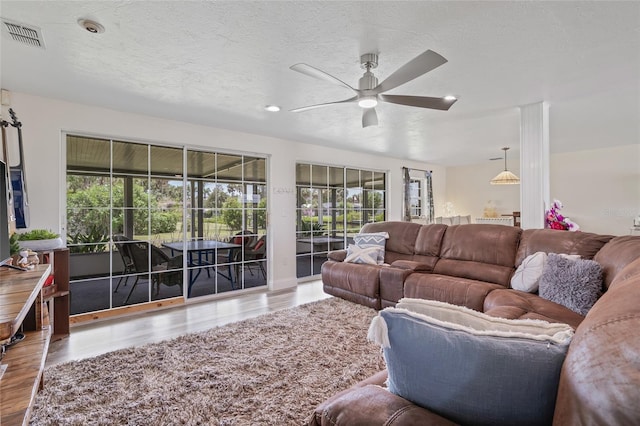 336 Highland Shores Dr, Ellenton, FL 34222 - living area featuring plenty of natural light, wood finished floors, ceiling fan, recessed lighting, and a textured ceiling