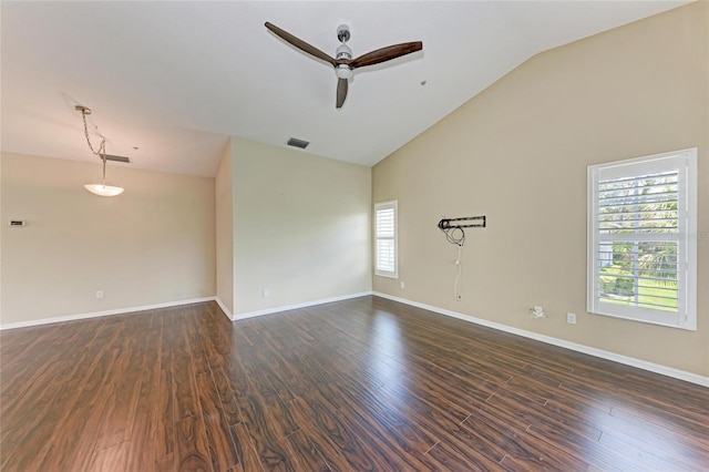 803 Montrose Dr Unit 201, Venice, FL 34293 - empty room featuring ceiling fan, lofted ceiling, and dark wood finished floors