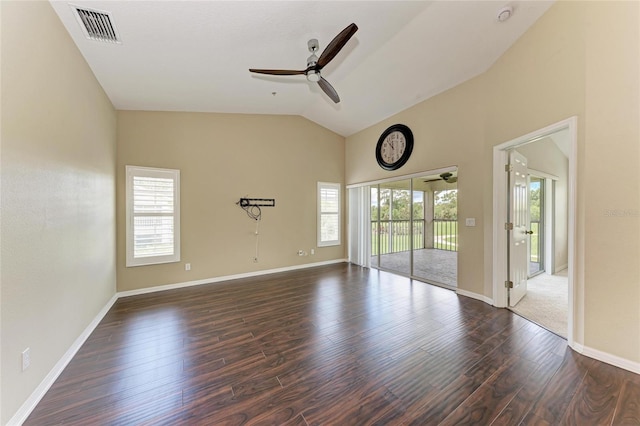 803 Montrose Dr Unit 201, Venice, FL 34293 - empty room with a ceiling fan, wood finished floors, and high vaulted ceiling