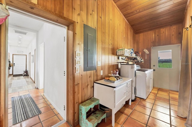 39700 State Road 70 E, Myakka City, FL 34251 - laundry room with electric panel, light tile patterned floors, water heater, wooden walls, and wooden ceiling