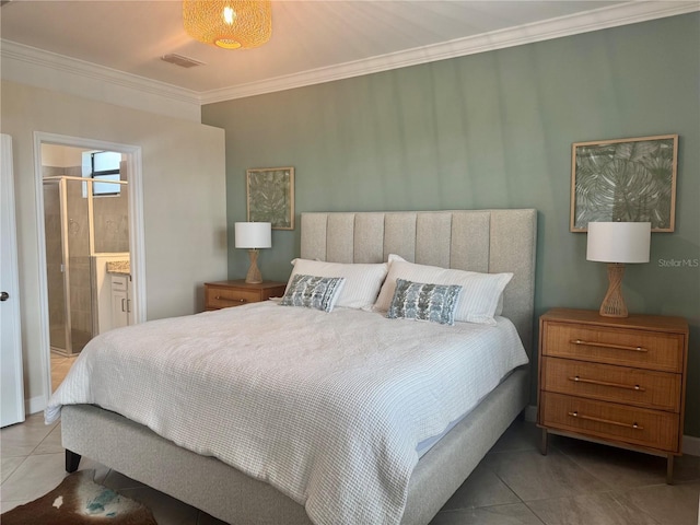 16087 Sunny Day Dr, Bradenton, FL 34211 - bedroom with tile patterned flooring, crown molding, and connected bathroom