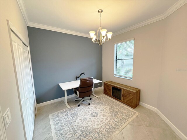 16087 Sunny Day Dr, Bradenton, FL 34211 - office area featuring ornamental molding, a chandelier, and light tile patterned floors