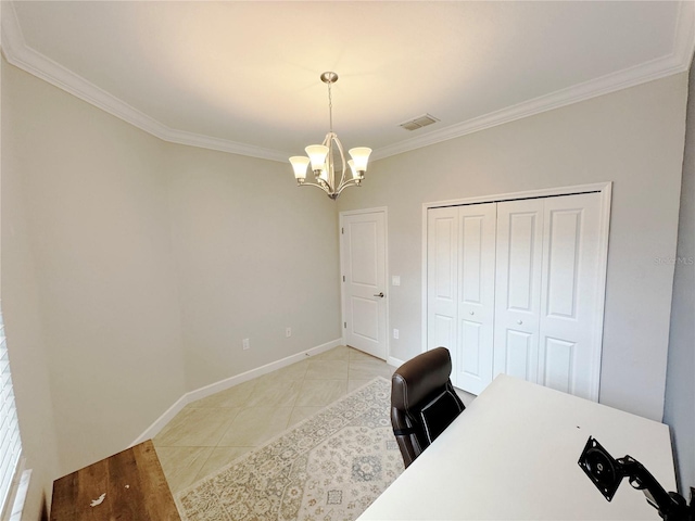 16087 Sunny Day Dr, Bradenton, FL 34211 - unfurnished office featuring crown molding, a chandelier, and light tile patterned floors