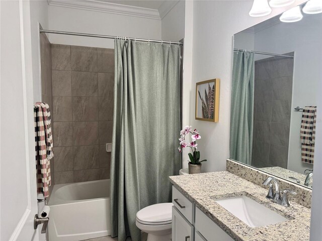 16087 Sunny Day Dr, Bradenton, FL 34211 - bathroom with ornamental molding, vanity, and shower / tub combo with curtain