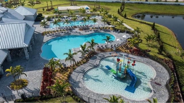 16087 Sunny Day Dr, Bradenton, FL 34211 - community pool featuring a water play area, a water slide, and a water view