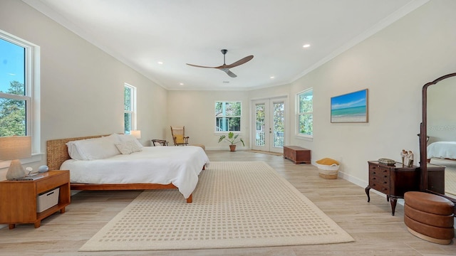 1076 Toc0Baga, Sarasota, FL 34234 - bedroom with access to exterior, ornamental molding, light wood-style flooring, recessed lighting, and ceiling fan