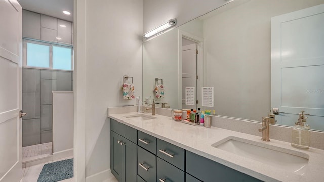 1076 Toc0Baga, Sarasota, FL 34234 - bathroom featuring double vanity, a walk in shower, and recessed lighting