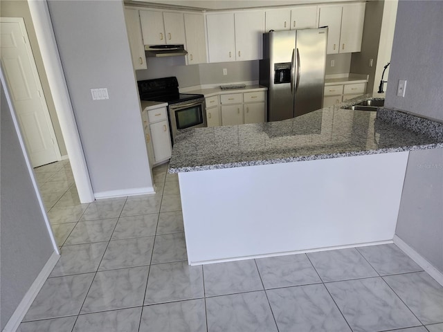 4354 Rock Creek Dr, Port Charlotte, FL 33948 - kitchen featuring stainless steel appliances, under cabinet range hood, a peninsula, light stone counters, and light tile patterned floors
