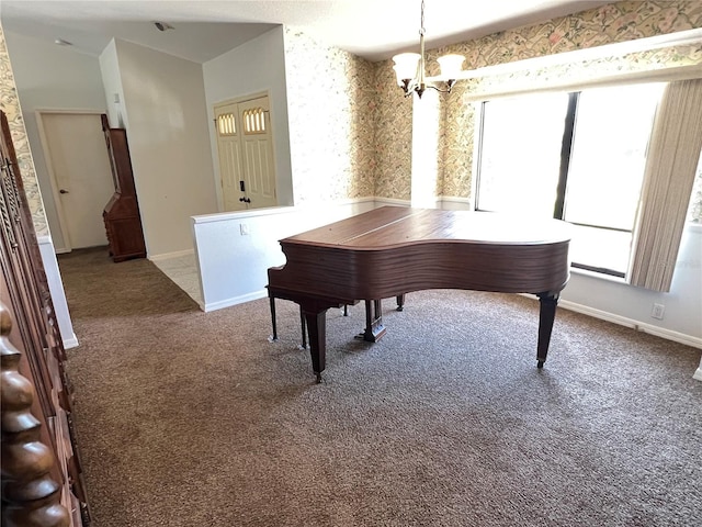 19358 Edgewater Dr, Port Charlotte, FL 33948 - recreation room with carpet flooring, a chandelier, healthy amount of natural light, and wallpapered walls